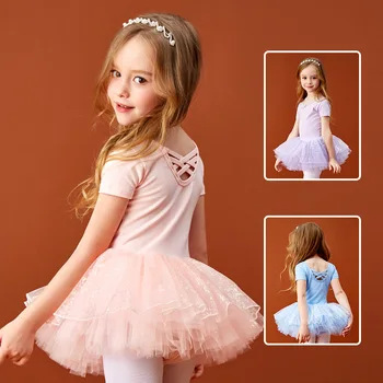 Елегантна балетное рокля USHINE за момичета, танцови дрехи с къс ръкав, спортна пола, чорапогащник, за правенето на гимнастика за деца, танцови бански костюми