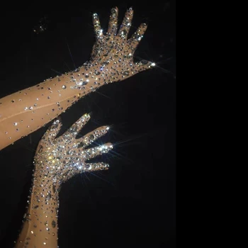 Модни еластични ръкавици с кристали, Дамски искрящи кристални очи, Обещаващи Дълги Ръкавици за танцьорка в нощен клуб, Певицата, Аксесоари за сцена