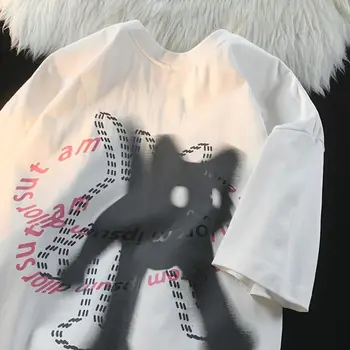 Тениска с кръгло деколте и къси ръкави с принтом хубава котка, Моден тренд Ins, двойка, универсален Свободен топ Y2k, стена за катерене hoody