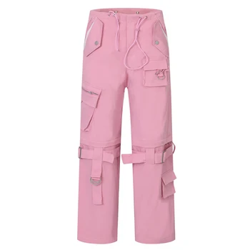 Панталони Y2K Мъжки Дамски Панталони-с карго джобове, еластичен колан, износоустойчиви ежедневни панталони розов цвят