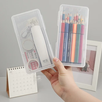 Прости пластмасови пеналы, Прозрачен квадратен кутия за съхранение, студентски дръжка, държач за моливи, Практични канцеларски материали