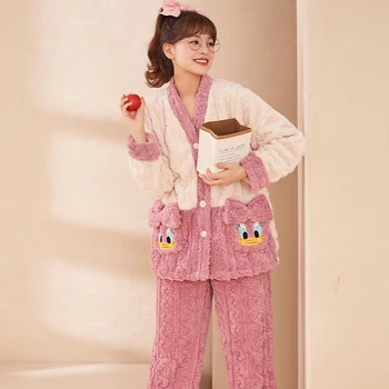 Пижамные комплекти Дамски Зимни фланелен изолирана пижама с дълги ръкави от коралов руно, Сладка пижама за отдих, Свободно костюм за дома