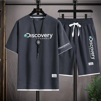 Летен Мъжки комплект от две части на Discovery, ежедневни тениска и шорти от плащаницата Мъжки спортен костюм, модерен спортен костюм с къс ръкав|