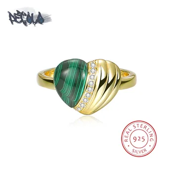 Нов пръстен от сребро S925 за жени, Творчески обеци за любов, Модерен пръстен със зелен малахитом, Годежен пръстен от злато 18 Карата