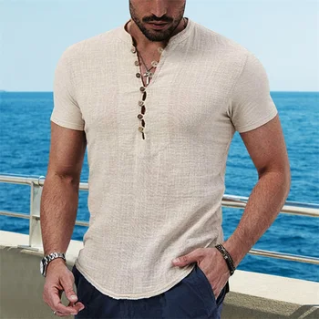 Лятна мъжки памучен бельо риза 2023, Дишащи ризи с къс ръкав, Однотонная Ежедневни базова Памучен Бельо тениска, Потник, риза от коноп