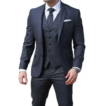Тъмно сини официални мъжки костюми за сватба, мъжки комплект от 3 теми, яке с штанами, жилетка и ревера, Нова мъжки модни дрехи