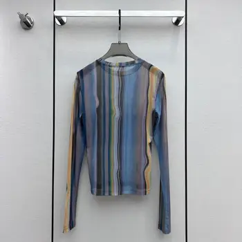 Нишевый дизайн, обещаваща цветна ивица, секси тениска с дълъг ръкав и кръгло деколте, слънчеви основни ризи, дамски дрехи