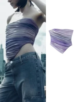 Тюлевый корсетный топ, женски съкратен топ с рюшами, 2023, Женски лятото винтажное бюстие с отворен гръб, шикозни дамски блузи с открити рамене