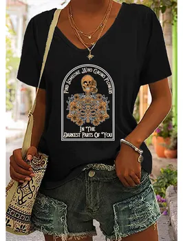 Женска тениска с V-образно деколте, Черен, бял, Розов, Графичен принт под формата на черепа, Къс ръкав, Всекидневни базов графичен топ за жени