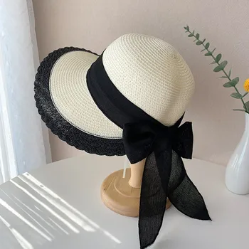 Корейската лятна солнцезащитная шапка с голяма периферия, сламени шапки за почивка на море, дамски дантелени летни ежедневни слънчеви шапки с лък, Mujer