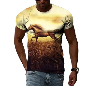 Лятна Мъжка тениска с изображение на Кон, хип-хоп 3D принт, блузи с къс ръкав и кръгло деколте, модни дрехи