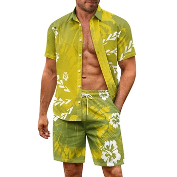 Лятна риза с къс ръкав в полинезийски стил, къси Панталони, Регулируема талия на съвсем малък, Индивидуален комплект за почивка в хавайски стил, с винтажным модел