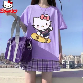 Kawaii Sanrio Hello Kitty, на хладно и светло лилава тениска с къс ръкав, отгоре за двойки, с анимационни принтом, Летен Тънък топ с кръгло деколте, Hello Kitty