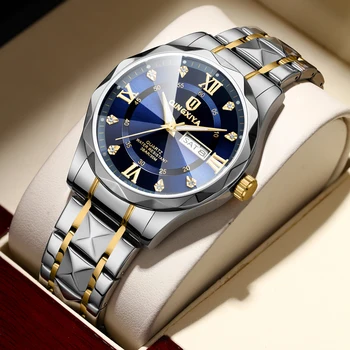 QINGXIYA, Нови модни кварцов часовник със син циферблат за мъже, Водоустойчиви мъжки часовници е от неръждаема стомана със светлата дата, Най-добрата марка Луксозни