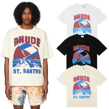 Тениска С къс ръкав Sunset Sea Sail Printing Rhude Мъжка Тениска Дамска Риза в стил Хип-Хоп