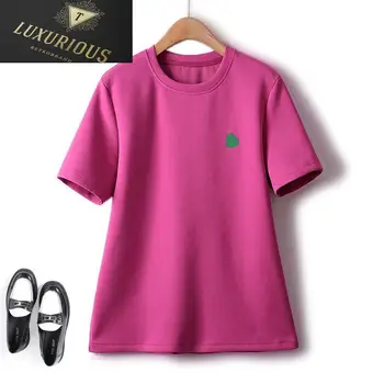 Лято 2023, Нова памучен тениска оверсайз, Дамски тениски с бродерия в формата на прасковен цвят сърце, Върхове Sweet Beauty Y2k, 4XL