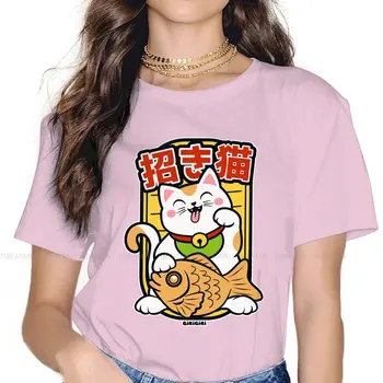 Женска тениска Лъки Cat Maneki Neko Taiyaki с риба, Класически дамски блузи в стил Харадзюку, забавни тениски, Дамски памучен тениска 5XL