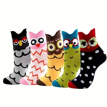 5 Чифта Чорапи с чудесни животни-Совами за жени, Студентски Чорапи, Модни Памучни чорапи Kawai с цветни Мультяшными животни