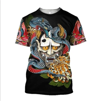 Лятна ежедневни черна тениска с принтом демон, мъжка риза в стил Харадзюку, Градинска облекло в стил хип-хоп, Свободни тениски с къс ръкав