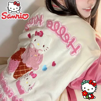Якета Sanrio Hello Kitty, дрехи Y2k, дамско палто с бродерия, Мультяшная есенна Удебелена топла горна дреха за момичета, Hoody, Плюш