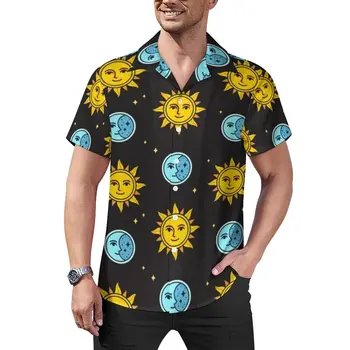 Продажна Риза с Принтом в Ретро стил с Изображение на Слънцето И Луната, Летни Ежедневни Ризи, Мъжки Реколта Блузи с Къс ръкав, Графична Облекло 3XL 4XL