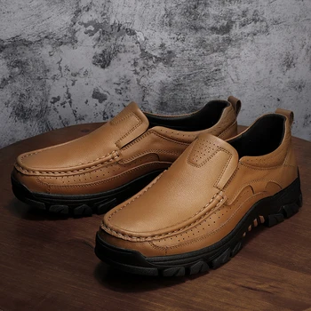 Висококачествени мъжки обувки от естествена кожа, градинска ежедневни кожени обувки с квадратни пръсти, повишена здравина, мъжки обувки