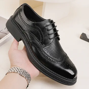 Мъжки обувки; Дишаща официалната обувки от естествена кожа с дупки; Годишен бизнес костюм с остри пръсти; Офис обувки в стил Оксфорд;