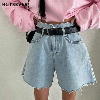 BGTEEVER Ежедневните свободни дънкови къси панталони с широки штанинами на една пуговице, пролет-лято, дънкови шорти Ladeis с джобове с висока талия