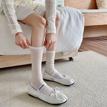 Летни Тънки Дишащи дамски Къси чорапи, Корейската мода, Обикновена Свободни Дълги Чорапи, Японски стил, Черно-бели чорапи за високо