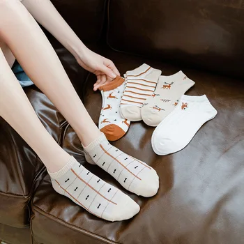 5 чифта пролетно-есенните модни женски чорапи с анимационни елени и лисици ръка, Harajuku Kawaii, сладки чорапи Happy Girl Boat Fun