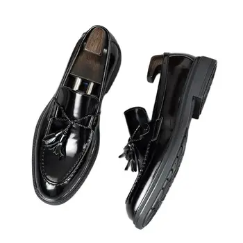 Качествени Ежедневни бизнес мъжки обувки от естествена кожа без обков с пискюли, висококачествени офис работна обувки, Английски обувки клас Лукс с дизайн на протектора