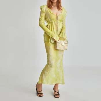 Дамски Летни Модни комплекти от две части, Зелено-Розови, Прозрачни Мрежести Блузи с Завязками Отпред и Дълга Пола в Пакет