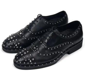 Продажба на едро на Сватбени обувки С Висок Берцем дантела, Черни Oxfords От естествена кожа, Вечерна Рокля, Мъжки обувки