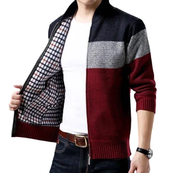 Пролетно-зимния нов мъжки жилетка, однобортный модерен вязаный пуловер голям размер, изработена от цветни блокове, палто с висока яка, якета