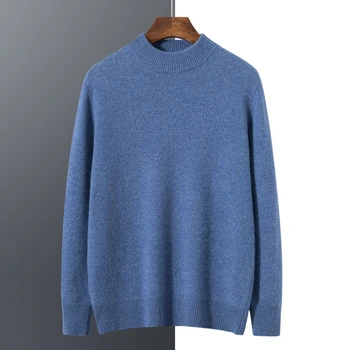 RONGYI, 100% вълнен пуловер, мъжки дрехи, Пуловер с полувысоким деколте, Пролет / есен плътен вязаный топло топ с дълъг ръкав