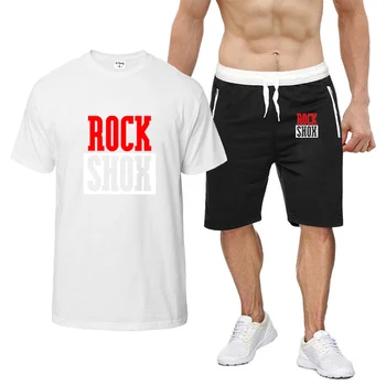 Нова Лятна Мъжка тениска Rock Shox с къс ръкав, однотонная тениска с кръгло деколте, Топ + къси Панталони, Костюми, Мъжки модни Спортна тениска, Случайни Мъжки комплект