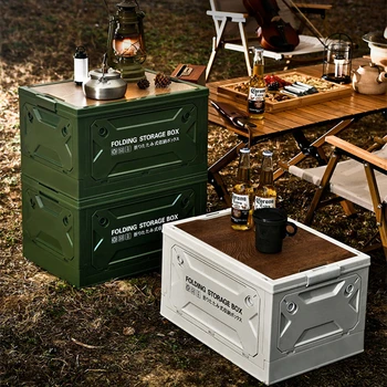 Сгъваема кутия за съхранение за пикник на открито с дървен капак, кутия за съхранение в багажника на колата, домакинството Многофункционална сгъваема кутия за съхранение