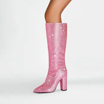 2023 Модни дамски ботуши до коляното с розови кристали на високо Квадратен ток, Вечерни обувки с кръгло бомбе, Есенни и зимни дамски ботуши, Обувки