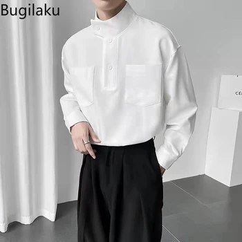 Бяла Риза с яка-часова Bugilaku, Мъжки Персонализирани Прости Блузи с Дълги Ръкави, Корейски Модерен Ризи, Мъжки Нови Camisas Hombre