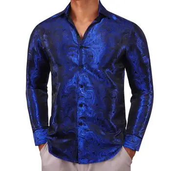 Луксозни ризи с дълъг ръкав за мъже, Сини Копринени Вратовръзки, приталенные мъжки блузи, Ежедневни блузи, Дишаща градинска облекло Бари Уонг
