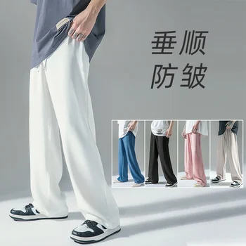 Мъжките ежедневни панталони с права тръба, свободно намаляване, тънък стил, обикновен, голям размер, модерен и с драпировкой, летни ледени