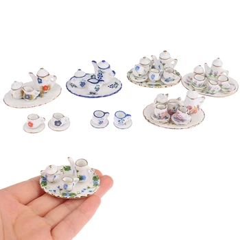 1 комплект в мащаб 1: 12, миниатюрен куклена къща, колекция от керамични чаени чаши, Порцеланов чайник, Аксесоари за кукла къща, украса на кухненски мебели