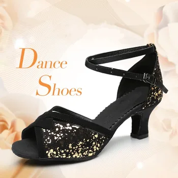 Дамски Лъскави обувки за Латинските Танци, Модерни Сандали за Балните Танци Ча-Ча-Танго от Изкуствена кожа и петна, 7 стилове, Постоянен ток 5 см/7 см