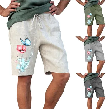 Мъжки модни ежедневни летни къси панталони с джобове и завязками с пеперуди и цветя принтом