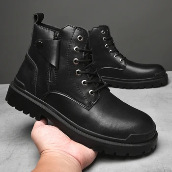 Модни удобни зимни обувки от спилка, мъжки обувки в британския стил, чисто Нови обувки на меху, топли износоустойчиви черни обувки, мъжки