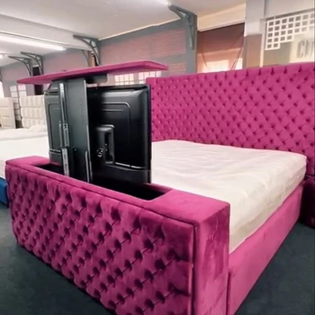 Изработена по поръчка OEM Двойно легло размер Queen Size, живеейки кадифе, Квадратна Легло за съхранение на неща с вграден лифта за телевизор, Степенка за телевизор King Size