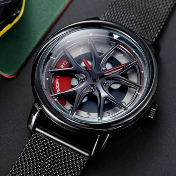 Мъжки Кварцов часовник Спортни Автомобили часовник е Водоустойчив Спортни Ръчни часовници с въртяща се на 360 градуса колело-ступицей, Автомобилни кварцов мъжки часовник Лукс