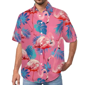 Flamingo Свободна Риза Мъжки Плажни Ежедневни Ризи с Листа от Палми, Хавай, Графични Блузи с къс ръкав Y2K Оверсайз