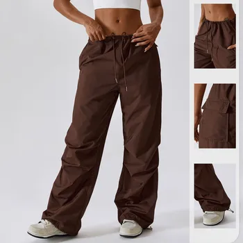 Панталони за йога с ниска талия, женски обикновена Свободни панталони, спортни панталони със странични джоб