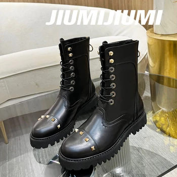 2023 JIUMIJIUMI/ Топ Ботильоны ръчна изработка от естествена кожа; Дамски Обувки на дебела подметка с кръгло бомбе и Нитове; Обувки на 